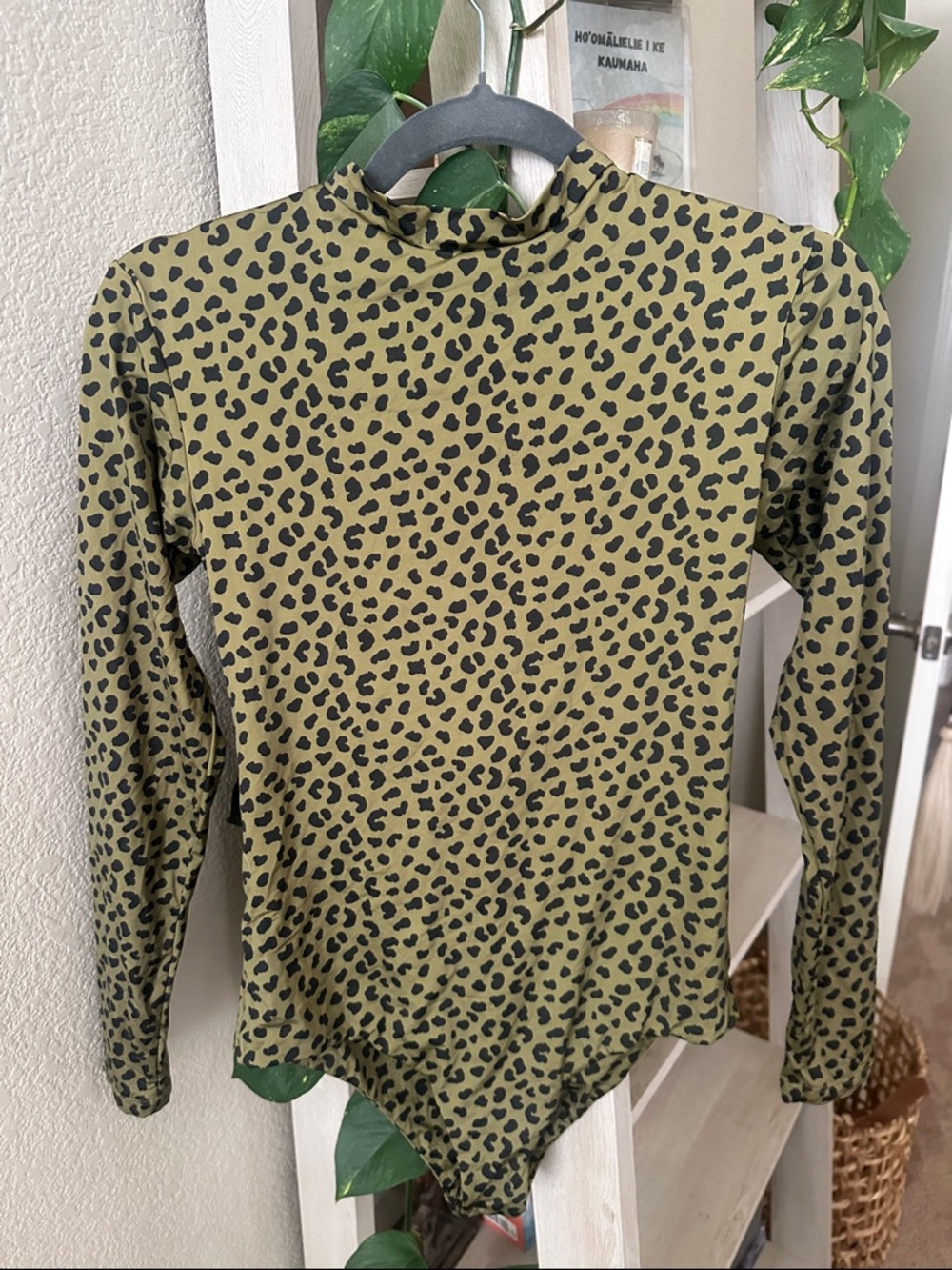 Mai swimwearWildfox Olive Green and Black Leopard Zip-Front Long Sleeve Bodysuit